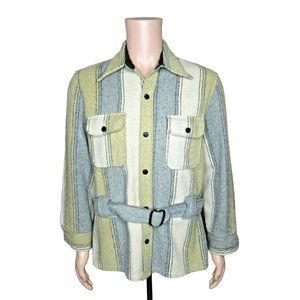 Vintage Wool Coat Jacket Belt Button Down Striped Blue Beige HIS Medium